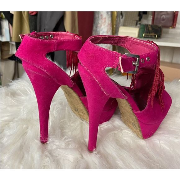 Dollhouse Barbie Hot Pink Fringe Open Toe Platform Sandal Size 7 - Picture 2 of 9